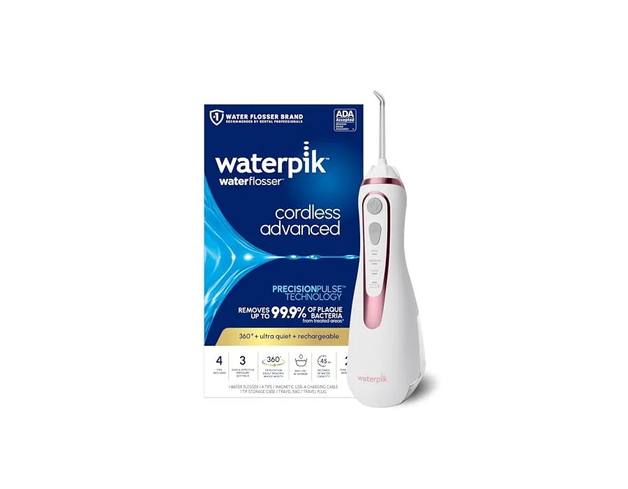 Waterpik - Irrigador de agua inalámbrico avanzado 2.0 para dientes, encías, aparatos ortopédicos, cuidado dental con bolsa de viaje y 4 puntas, aceptado por ADA, recargable, portát foto 2