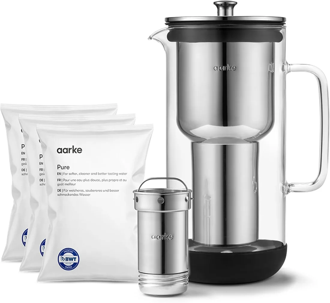 Aarke Purifier, jarra filtrante de agua en vidrio y acero inoxidable (2,4 L / 10 tazas) + pack de 3 bolsas de recarga de filtro Pure
