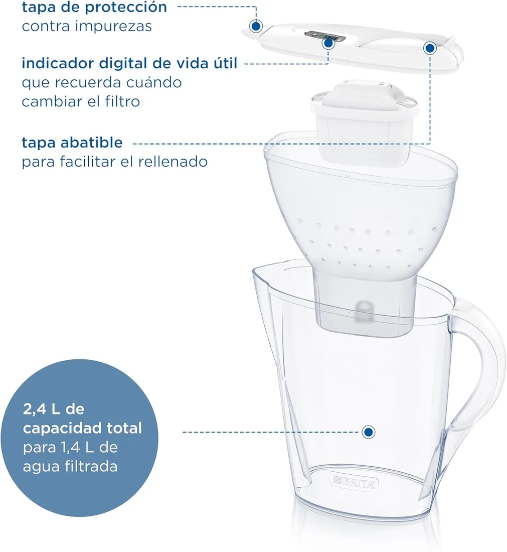 BRITA Jarra filtradora de agua MAXTRA Marella, 3x filtro Pure Performance | Azul (2.4L) jarra apta para puerta de frigo con pantalla digital y tapa abatible, reduce PFAS, cloro, cal e impurezas foto 2