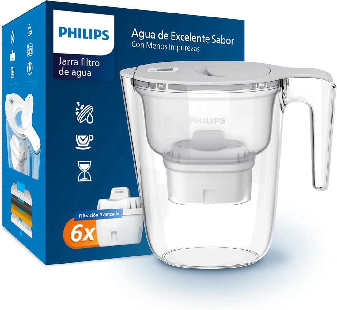 Philips Water Filtro de jarra + 6 cartuchos de filtro de repuesto, Filtración Avanzada, flujo rápido, temporizador electrónico, filtra CLORO, CAL, metales pesados y MICROPLÁSTICOS, capacidad 2,6 L