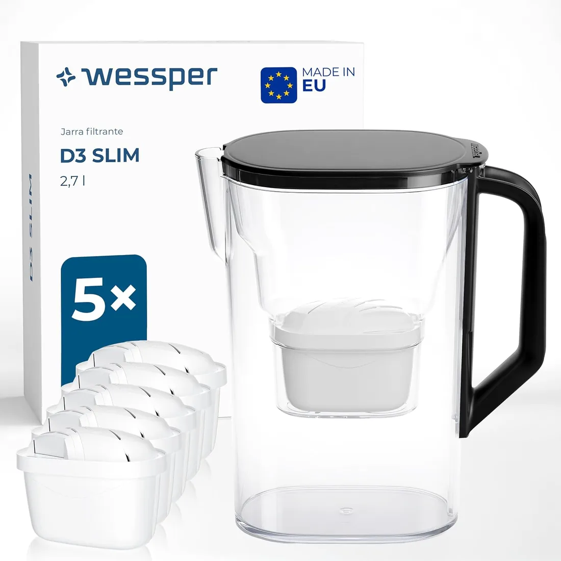 Wessper Jarra con filtro 2,7l, para de frigorífico, 6 filtros - Negro | jarra filtradora de agua, filtro carbon activo, para puerta de frigorifico, jarra con filtro de agua