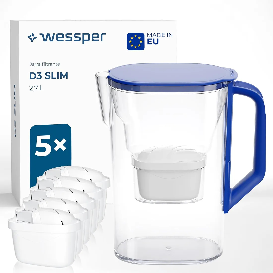 Wessper Jarra con filtro 2,7l, para puerta de frigorífico, 6 filtros - Azul | jarra filtradora de agua, filtro carbon activo, para puerta de frigorifico, jarra con filtro de agua foto 3