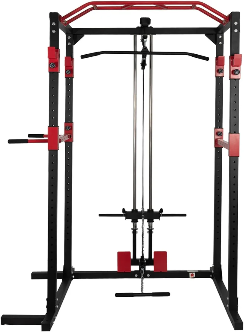 Jaula de Musculación,Equipo de Ejercicio de Musculación,Multifuncional para Sentadillas con Barras de Dips Acoplables y 2 Puntales de Seguridad Macizos,Torre y Jaula Multiestación