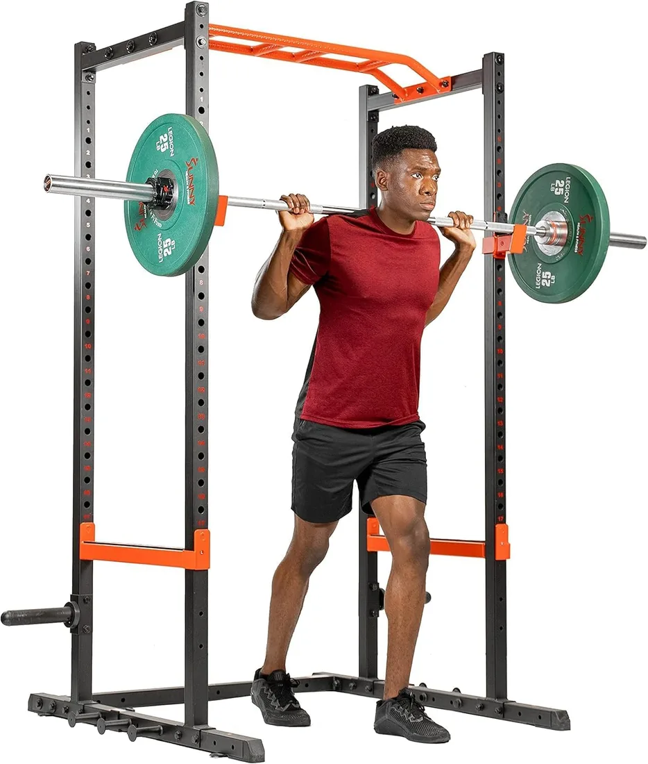 Sunny Health & Fitness Jaula de Musculación/Half Rack para Fuerza en Casa | Entrenamiento de Fuerza, Rack de Potencia Training, Leg Developer, Opciones de Dominadas y Poleas, Almacenamiento de Discos