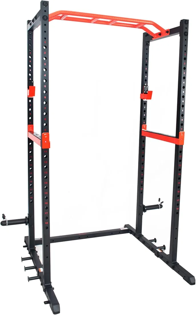 Sunny Health & Fitness Jaula de Musculación/Half Rack para Fuerza en Casa | Entrenamiento de Fuerza, Rack de Potencia Training, Leg Developer, Opciones de Dominadas y Poleas, Almacenamiento de Discos foto 2