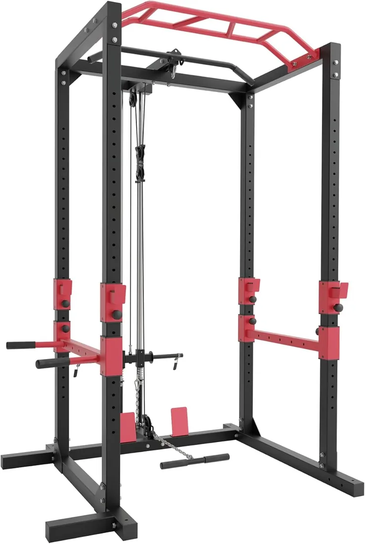 Ultrasport Power Rack, Rejilla multifuncional para entrenamiento efectivo todo cuerpo, construcción acero, perfecto principiantes y pros, multigimnasio con barra, torre Aptitud, Negro/Rojo