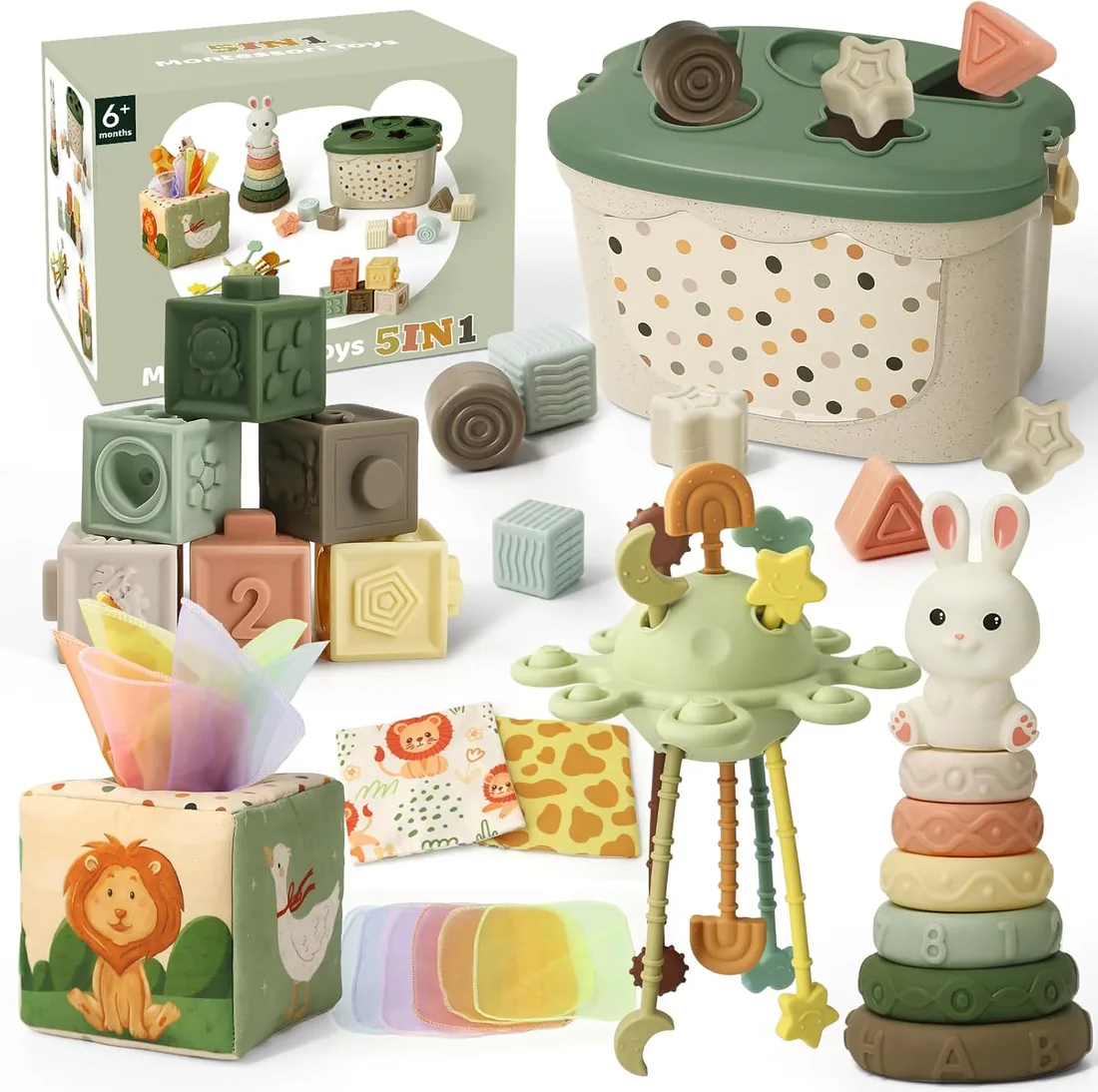 5 en 1 Juguetes Montessori Bebes 6-12 Meses, Verde Juguetes Bebes 6 Meses | Caja Pañuelos Bebe, Clasificación y Apilamiento de Formas, Bebe Mordedor & Educativos, Regalos Bebés Montessori 7 8 9 Meses