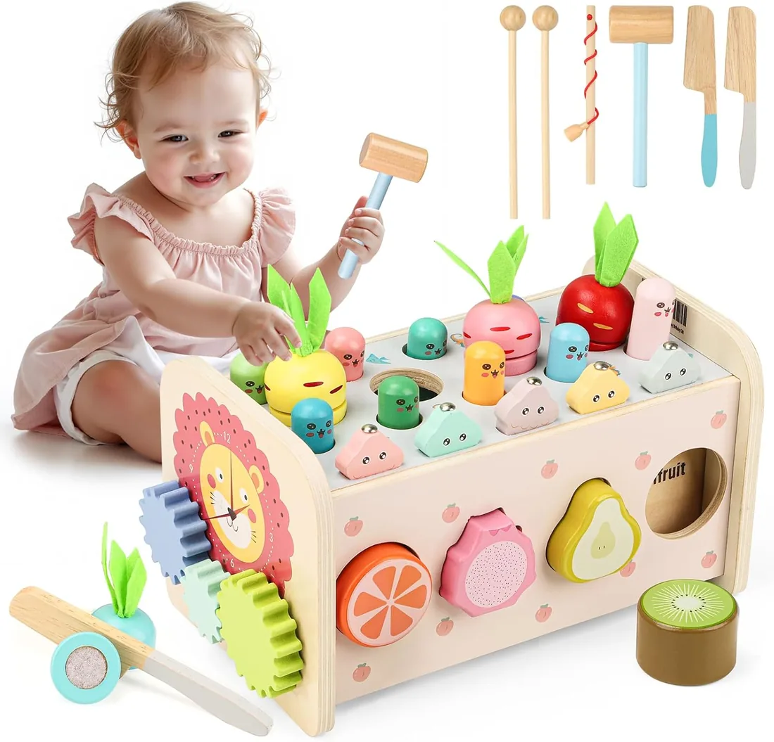 9 in 1 Juguetes Montessori Niña Niño, Xilofono Madera Regalo Cumpleaños | Cubos Actividades Bancos con Martillo Juego de Pesca, Instrumentos Musicales Xilofono, Juguetes Sensoriales Educativos