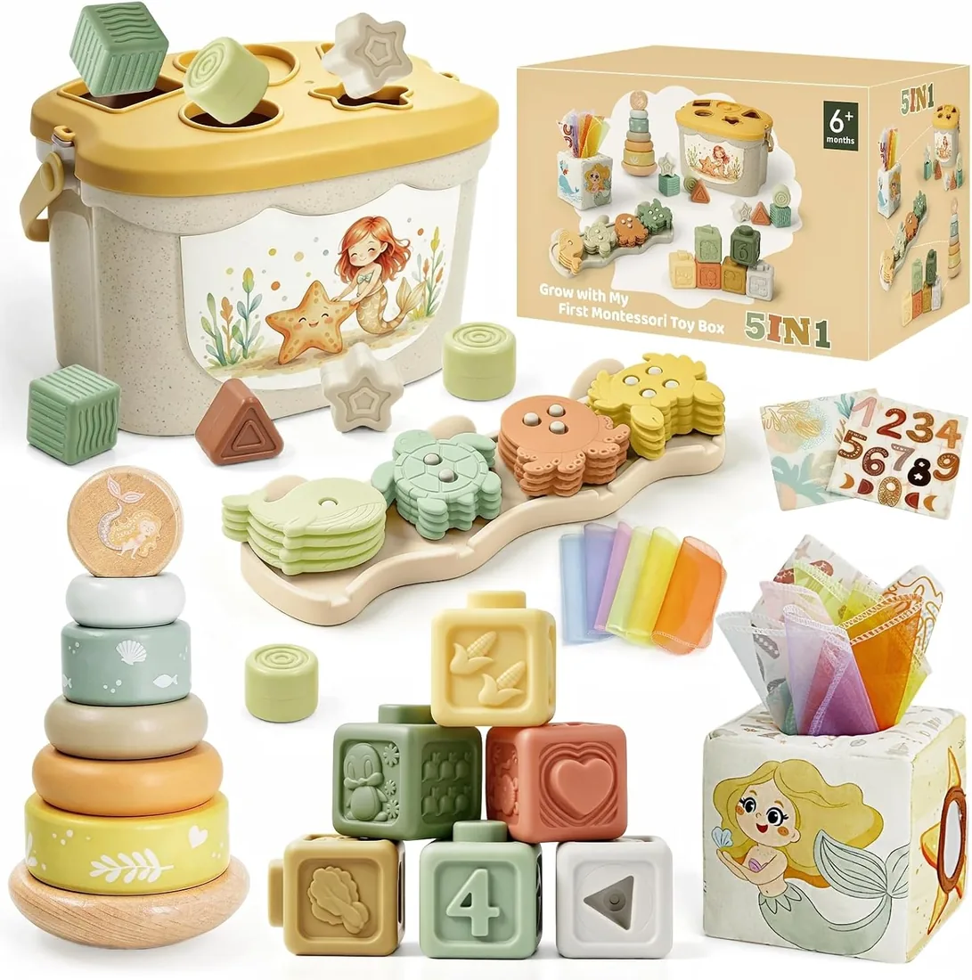 Anook Juegos Montessori Bebé 6-12 Meses, 5 en 1 Juguetes Bebé 6 9 12 Meses | Juego Apilar & Clasificar Formas, Caja Pañuelos Montessori, Juguetes Sensoriales 6-24 Meses Niñas Regalo