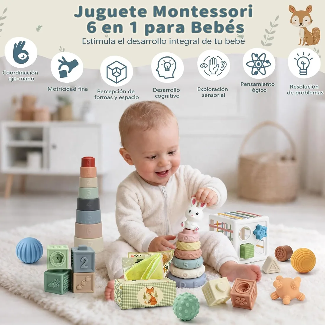 Anook Juguetes Montessori Bebes 6-12 Meses,6 en 1 Juguetes Bebe 6 8 9 Meses | Juguetes Sensoriales,Caja Pañuelos Bebe,Juguete Apilables,Caja de Clasificación,Pelotas Sensoriales,Regalo Bebe 6-12 Meses foto 3