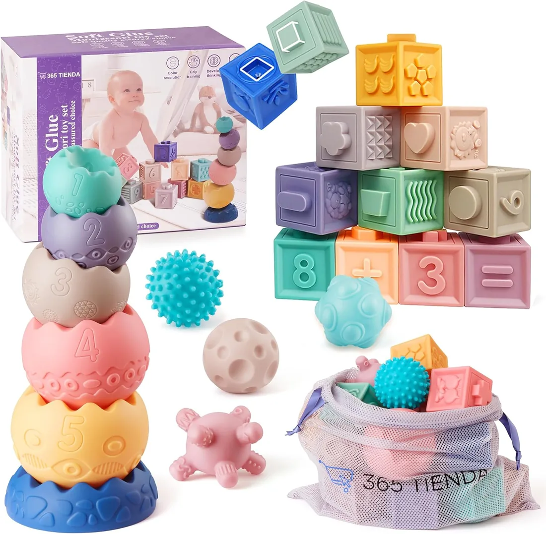 Juguete Montessori 1 Año – Set de 22 Piezas Sensoriales de Silicona Suave para Apilar y Encajar - Educativo y Seguro - Regalo Ideal para Bebés Montessori 6 a 12 Meses foto 3