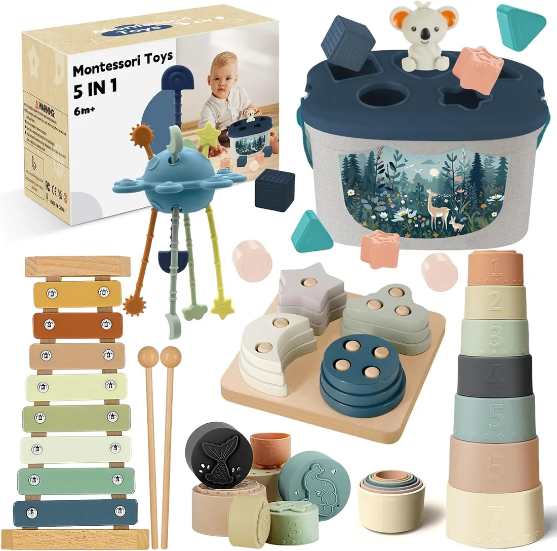 Juguetes Bebe 6-12 Meses, Juguetes Montessori Sensoriales Bebes 6-12 Meses | Juguetes Bebes 6 Meses con Taza de Apilable,Xilófono,Clasificar y Apilar Formas,Montessori 6 a 12 Meses Regalos para Bebés foto 3