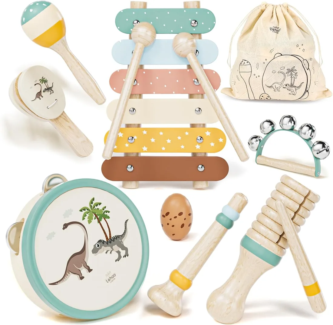 Lehoo Castle Instrumentos Musicales Bebe Madera Juguetes para 1 Año- Dino | Montessori Musicales Juguetes 9 PCS con Xilófono Tambor Educación Regalos Niños Niña 1 2 3 Años, con bolsa, certificado FSC