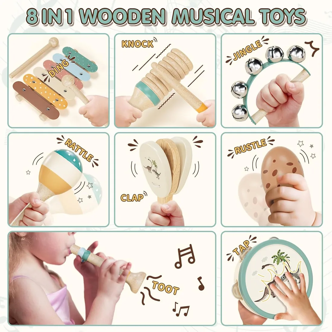 Lehoo Castle Instrumentos Musicales Bebe Madera Juguetes para 1 Año- Dino | Montessori Musicales Juguetes 9 PCS con Xilófono Tambor Educación Regalos Niños Niña 1 2 3 Años, con bolsa, certificado FSC foto 2
