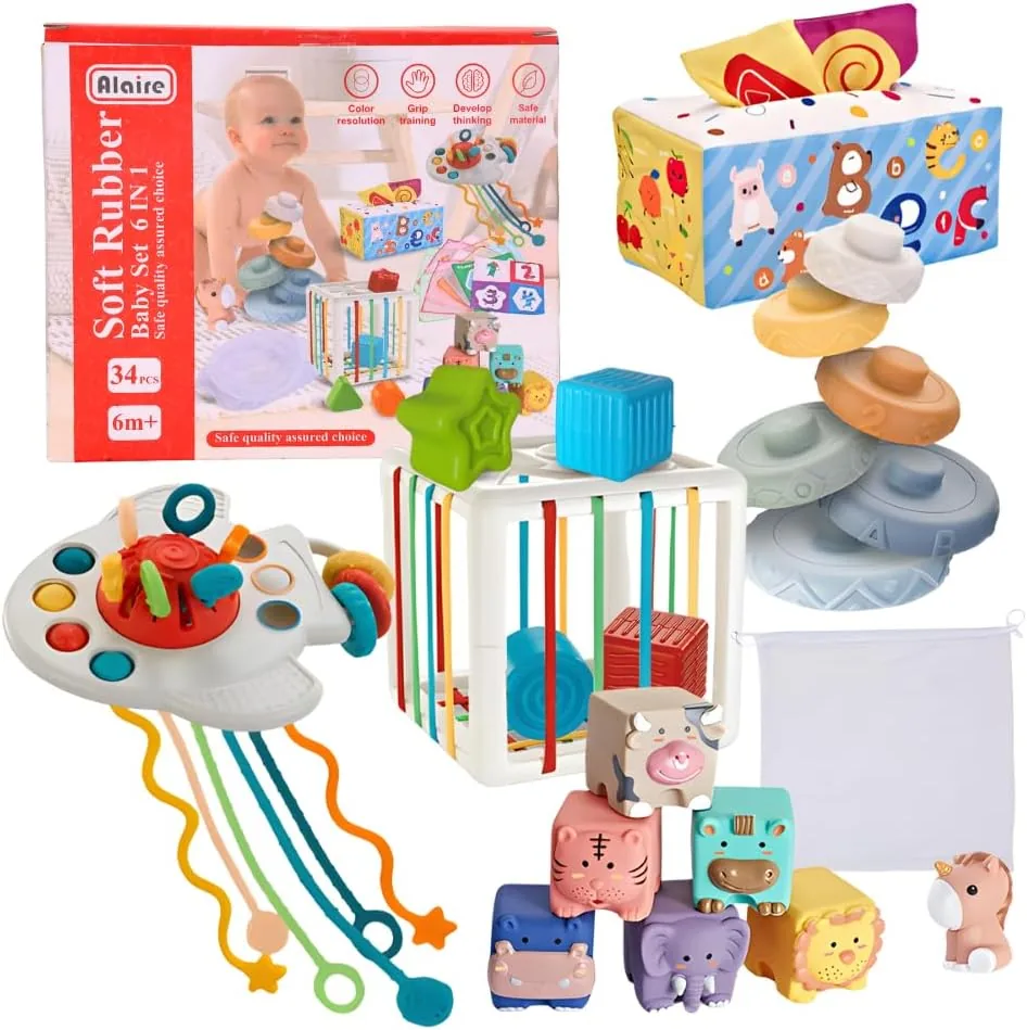 Set Montessori Bebé 6 en 1 – Juguetes Sensoriales y Educativos: Bloques Suaves, Apilables, Caja de Pañuelos y Formas | 34 Piezas | Regalo 6-36 Meses Niño-Niña