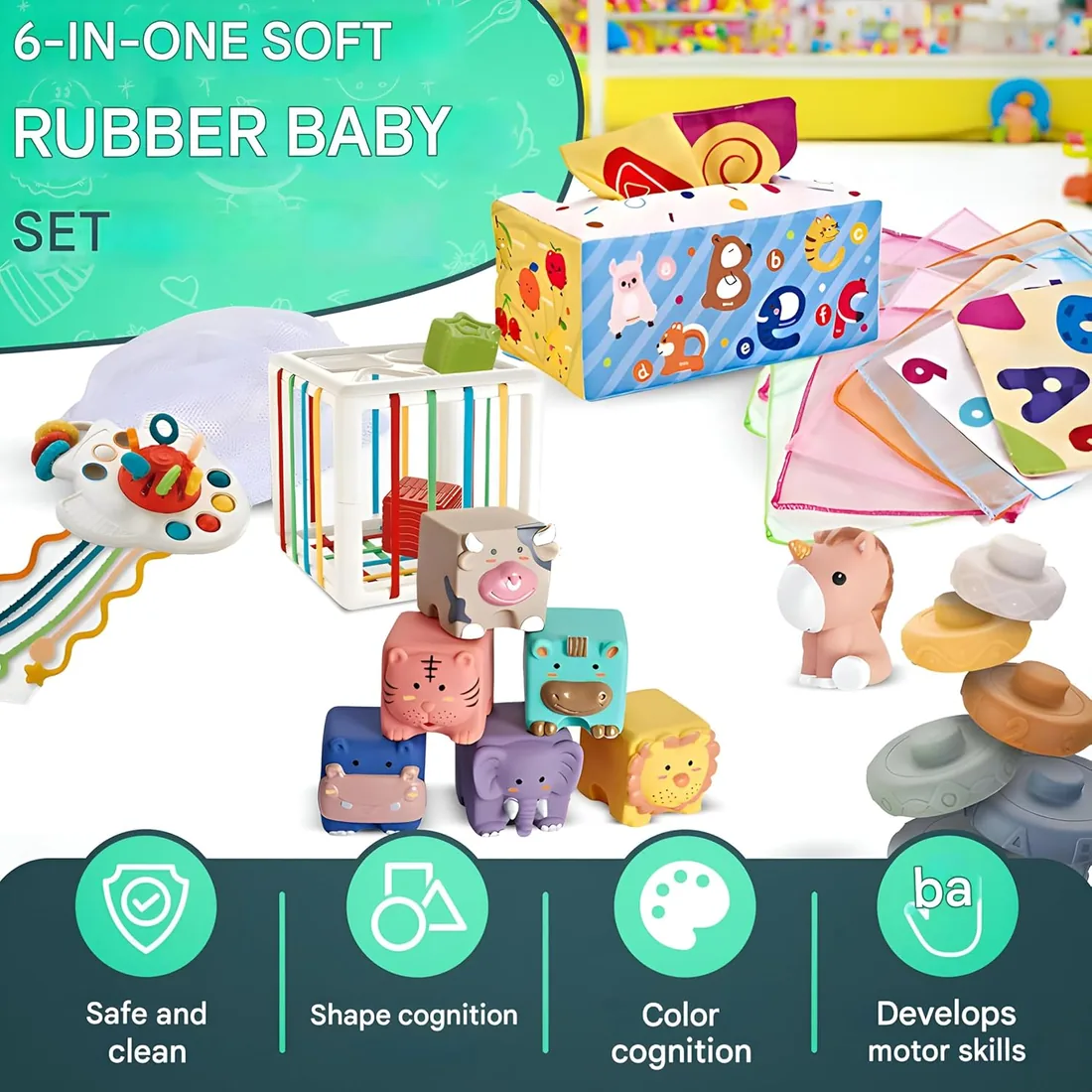 Set Montessori Bebé 6 en 1 – Juguetes Sensoriales y Educativos: Bloques Suaves, Apilables, Caja de Pañuelos y Formas | 34 Piezas | Regalo 6-36 Meses Niño-Niña foto 2