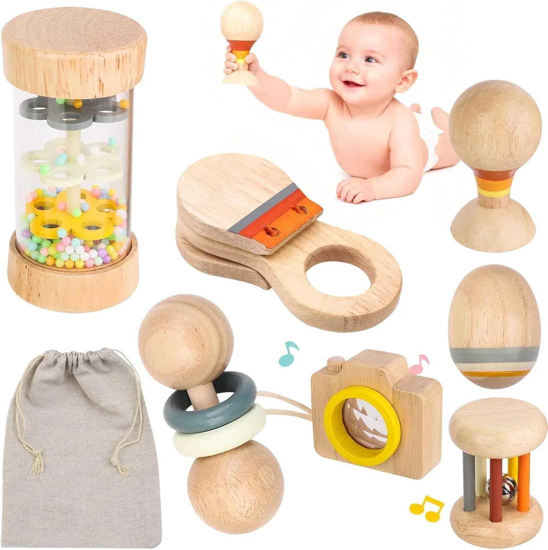 Sonajeros Montessori de Madera para Bebé, 7 Piezas Sensoriales, 0+ Meses | Palo de lluvia y juguetes musicales, sonidos variados para agitar, rodar y girar, fácil agarre y bolsa de almacenamiento
