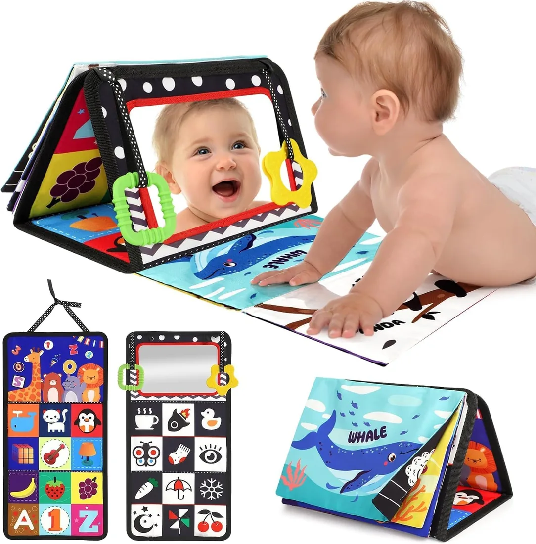 URMYWO Juguete Bebé 0-12 Meses, Libro con Espejo y Anillo de Dentición | Modelo Plegable Sin BPA Con Papel Arrugado Sensorial Y Motivos En Blanco Y Negro Para Tummy Time Y Estimulación Visual