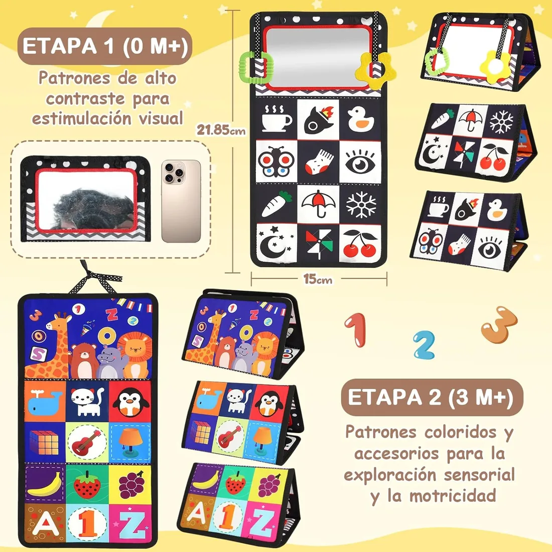URMYWO Juguete Bebé 0-12 Meses, Libro con Espejo y Anillo de Dentición | Modelo Plegable Sin BPA Con Papel Arrugado Sensorial Y Motivos En Blanco Y Negro Para Tummy Time Y Estimulación Visual foto 2