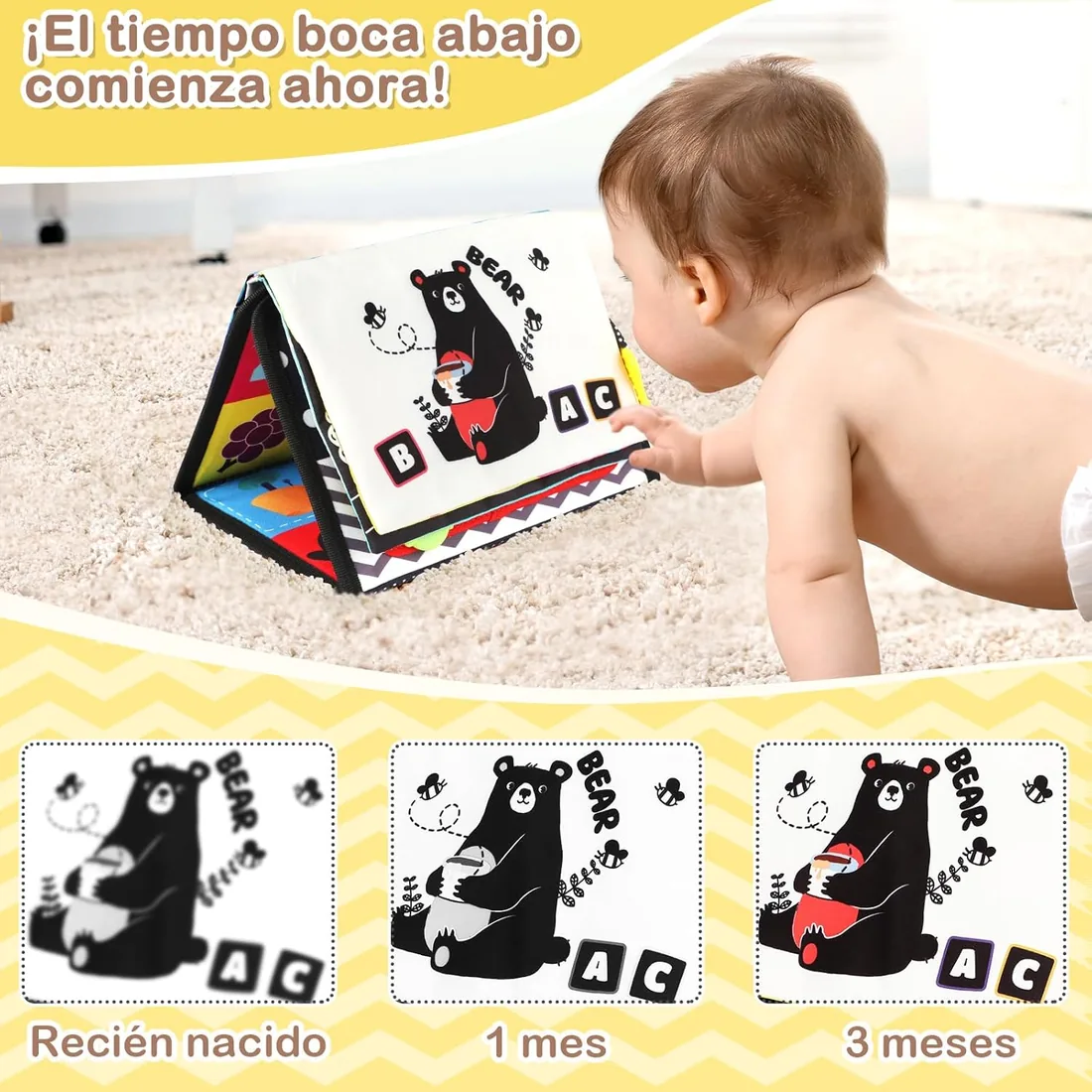 URMYWO Juguete Bebé 0-12 Meses, Libro con Espejo y Anillo de Dentición | Modelo Plegable Sin BPA Con Papel Arrugado Sensorial Y Motivos En Blanco Y Negro Para Tummy Time Y Estimulación Visual foto 3