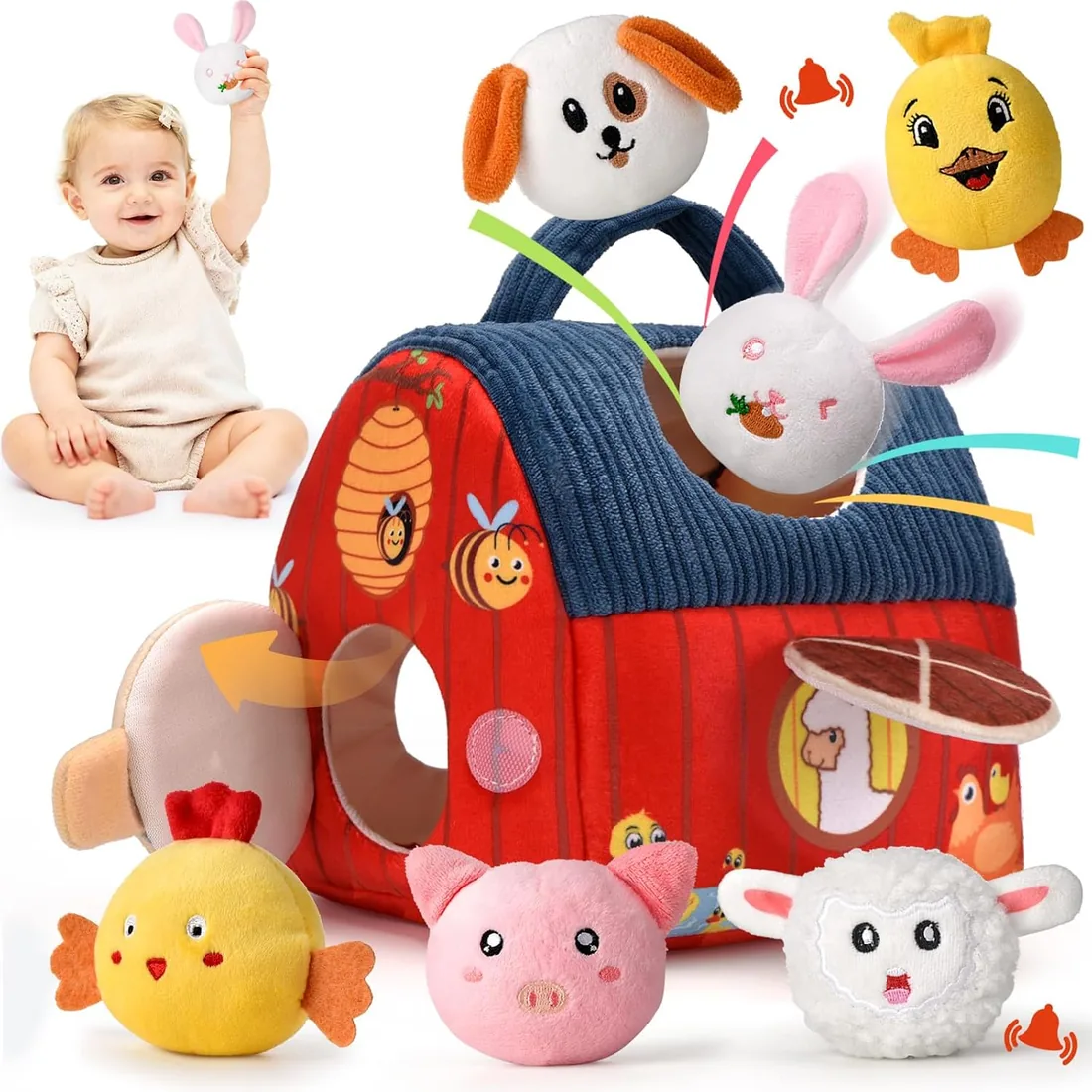 VORENUS Juguete Montessori para Bebés 6-12 Meses, Set de Granja Blanda con 6 Animales - Juguete Sensorial con Granero,Sonajas, Arrugas, Espejo, Juegos Educativos y de Motricidad Niños foto 2