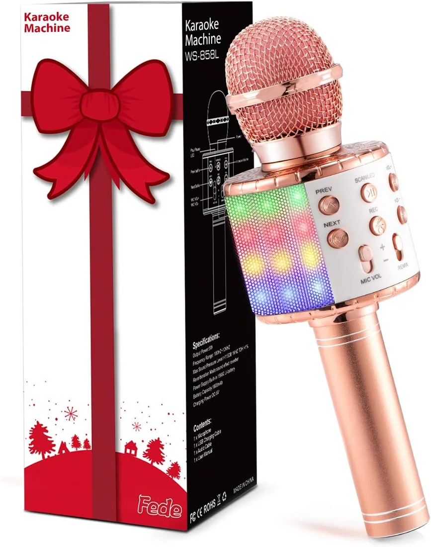 Fede Micrófono Karaoke Bluetooth, Microfono Inalámbrico Karaoke Portátil con luz LED Multicolor para Niños Canta Partido Musica, Compatible con Android/iOS PC o Teléfono Inteligente