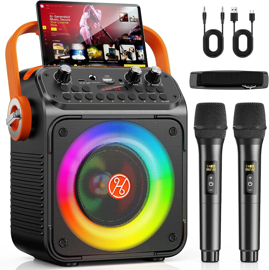 HWWR Karaoke 2 Microfonos Inalambricos, Karaoke Profesional para Adultos Y Niños Altavoz Bluetooth con Preamplificador De Micrófono, Portátil Bluetooth Fiesta Altavoz Karaoke-Regalo foto 3
