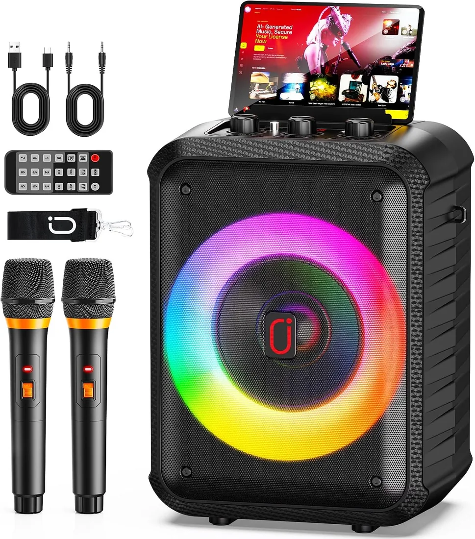 HWWR Máquina de karaoke, Dispositivo de karaoke con 2 micrófonos, Dispositivo de karaoke Bluetooth portátil con luces DJ, sistema Pa, ideal para reuniones familiares y como regalo para adultos y niños
