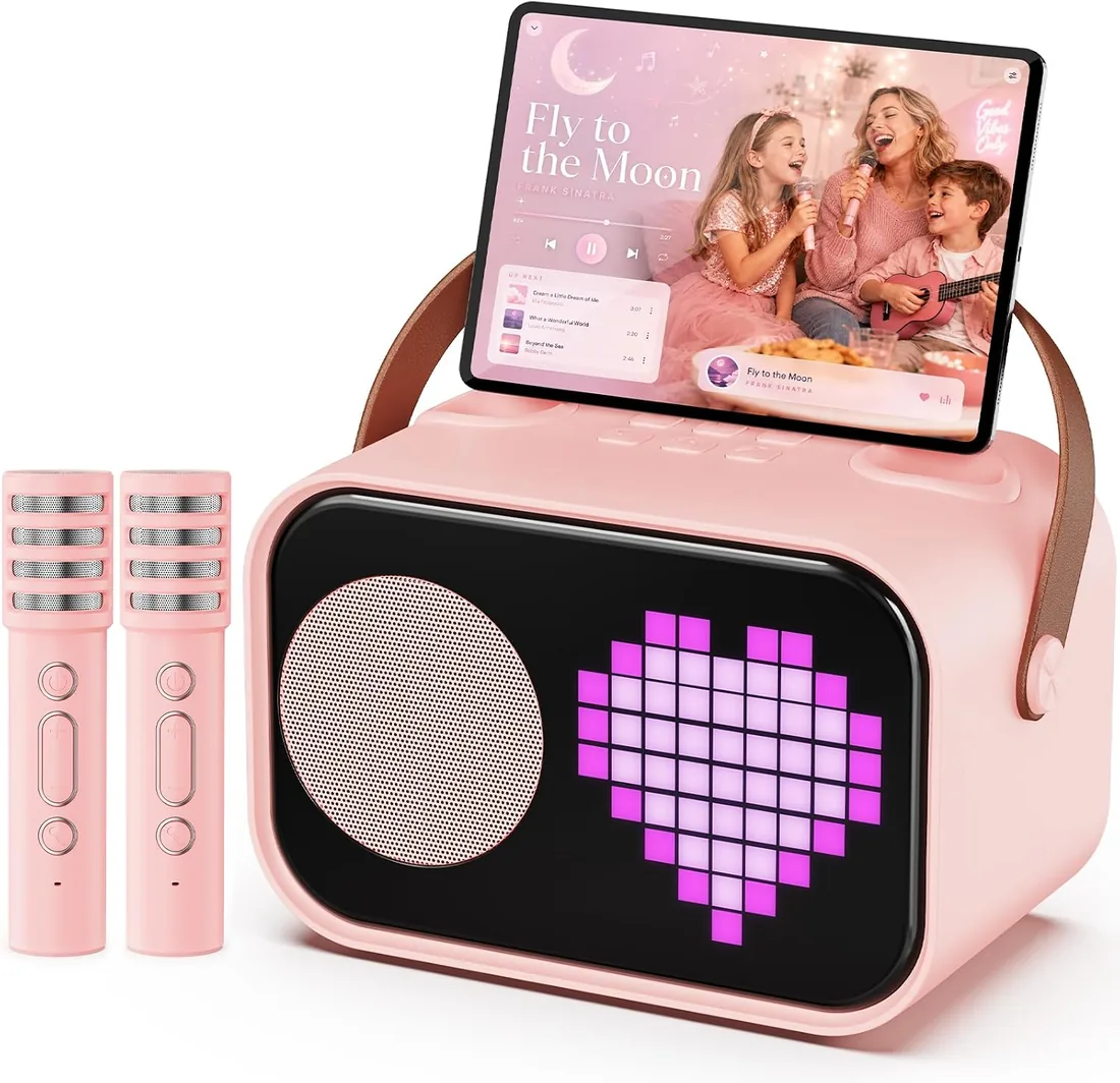 JYX Karaoke 2 Micrófonos Inalámbricos, Karaoke Infantil con Modo de Acompañamiento Profesional, Altavoz Bluetooth con Luces RGB, para Niños y Adultos, Regalo para Fiestas, Rosa foto 3