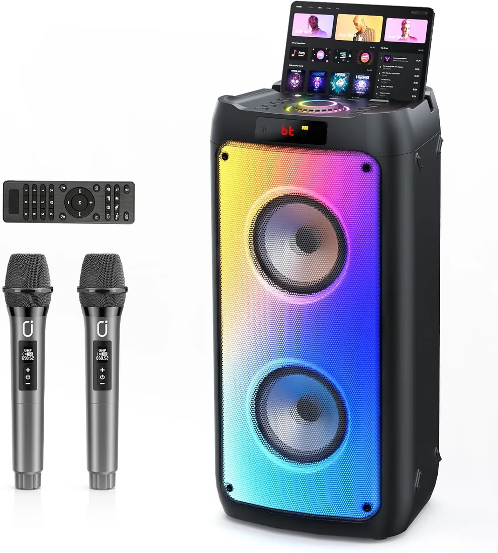 JYX Karaoke con 2 Microfonos inalambricos, Portátil Altavoz Karaoke con 2 Microfono UHF, Karaoke Profesional Grande Altavoz Bluetooth Potente Soporte USB,SD, MP3, FM, AUX,Mando a Distancia foto 3