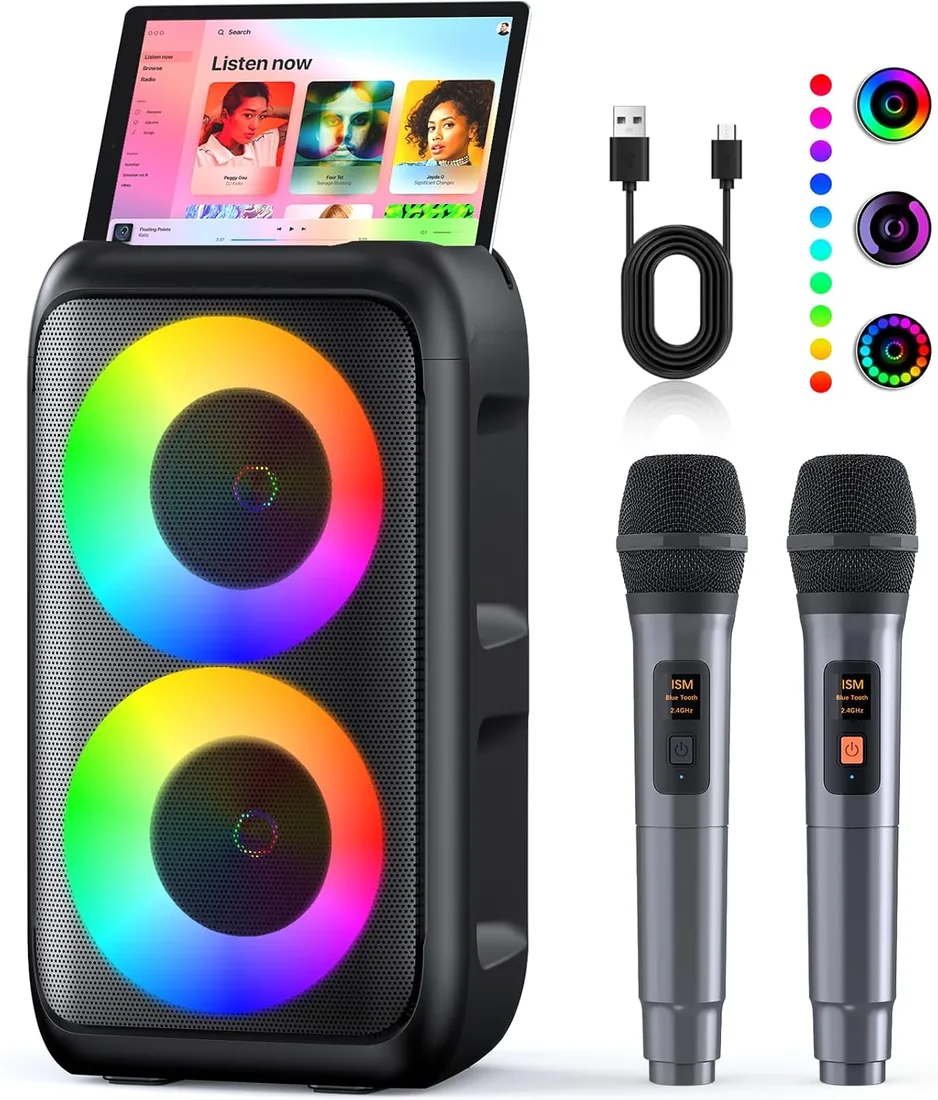 Karaoke 2 Microfonos Inalambricos (2026 Última Generación) | Altavoz con Microfono Bluetooth | Soporta TV/Smartphone/iPad/TWS/AUX/USB/FM | para Party, Cumpleaños, Viajar foto 3