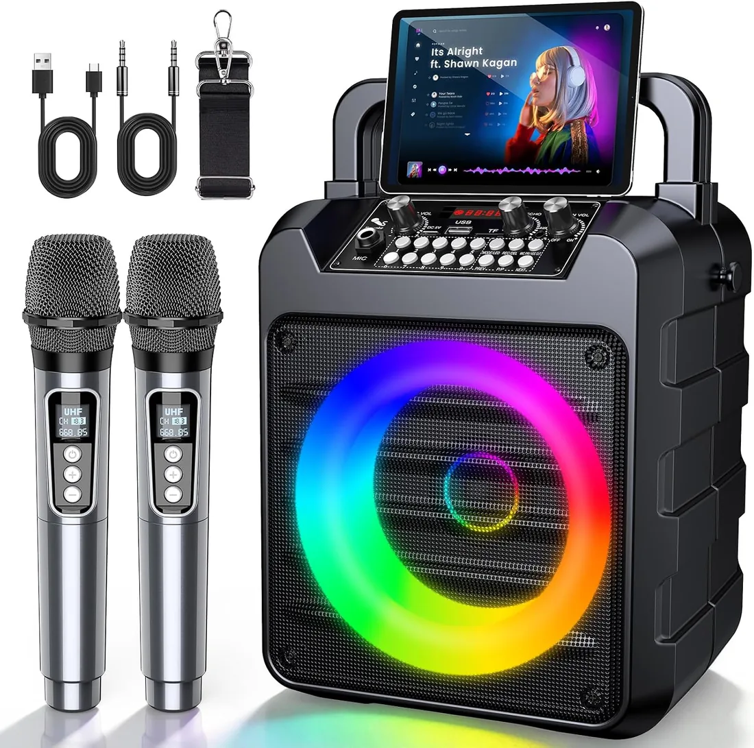 Karaoke 2 Microfonos Inalambricos, Profesional Altavoz Bluetooth Portátil | Karaoke para Adultos Infantil, Luces LED, AUX/USB, Bluetooth 5.3, 10 Horas, Regalo Party, Cumpleaños, Viajar
