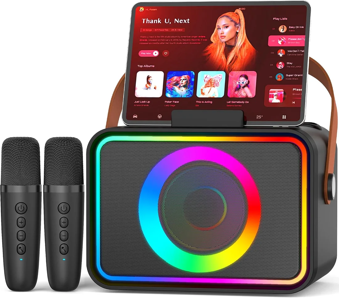 Máquina de Karaoke con 2 micrófonos para Adultos y niños, Altavoz de Karaoke Bluetooth portátil para Adultos y niños, Sistema PA de Fiesta con Luces de Discoteca para reuniones, Regalos para la