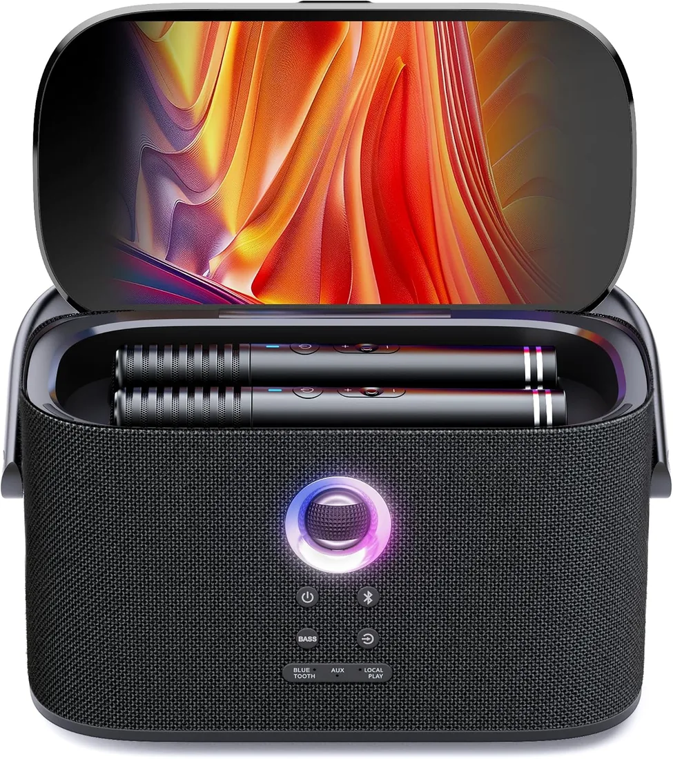 Máquina de Karaoke para Adultos, Pantalla Integrada con Letras, 2 Micrófonos Inalámbricos de Autocarga, Aplicación de Karaoke, Altavoz 140W, Conexión a TV para Fiestas en Casa y Exteriores (Shell S2)