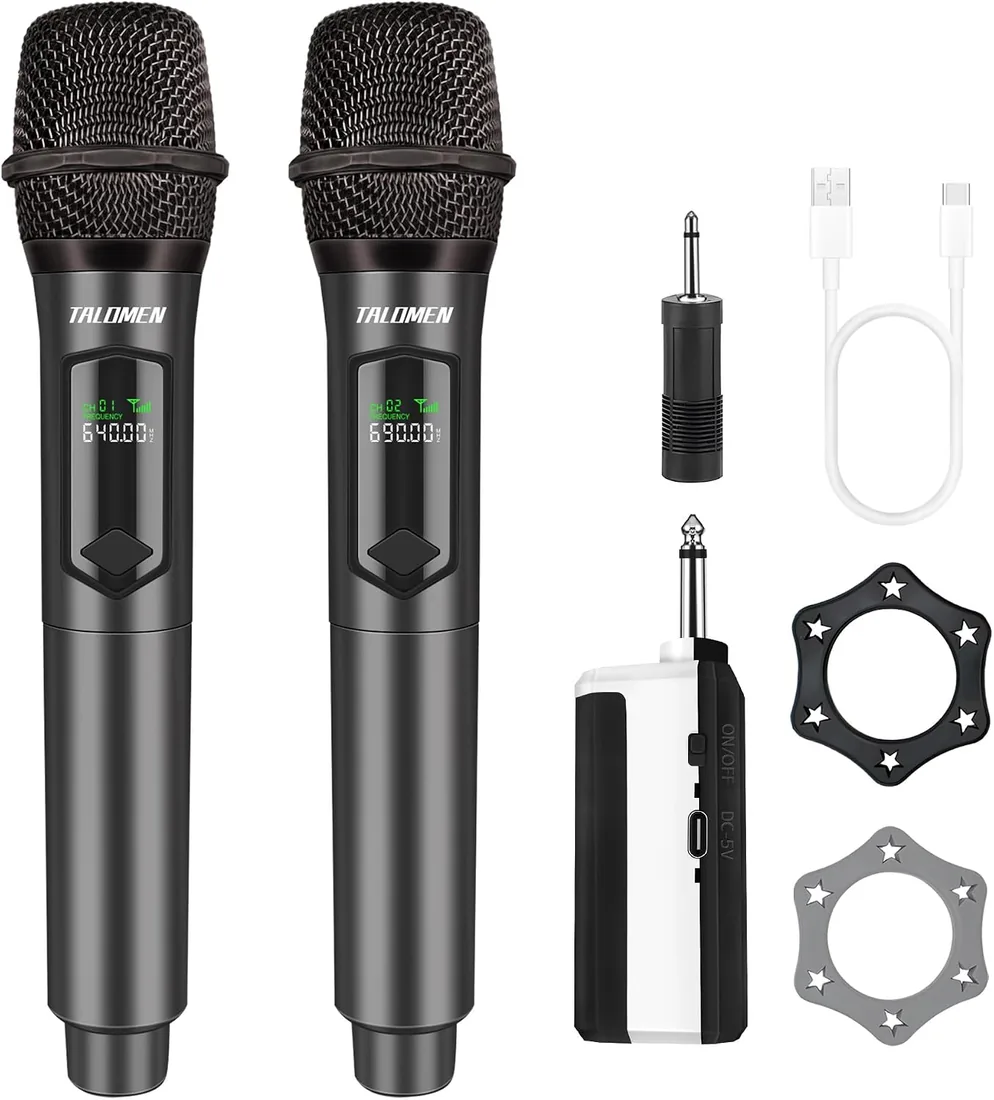 Talomen,Micrófono Inalámbrico,2.4G Daul Microfonos Inalambricos Set con Receptor,Microfono Inalambrico Karaoke Profesional,Microfono Dinámico Recargable,160ft,para Karaoke,Boda,DJ,Fiesta,Iglesia,K60-2