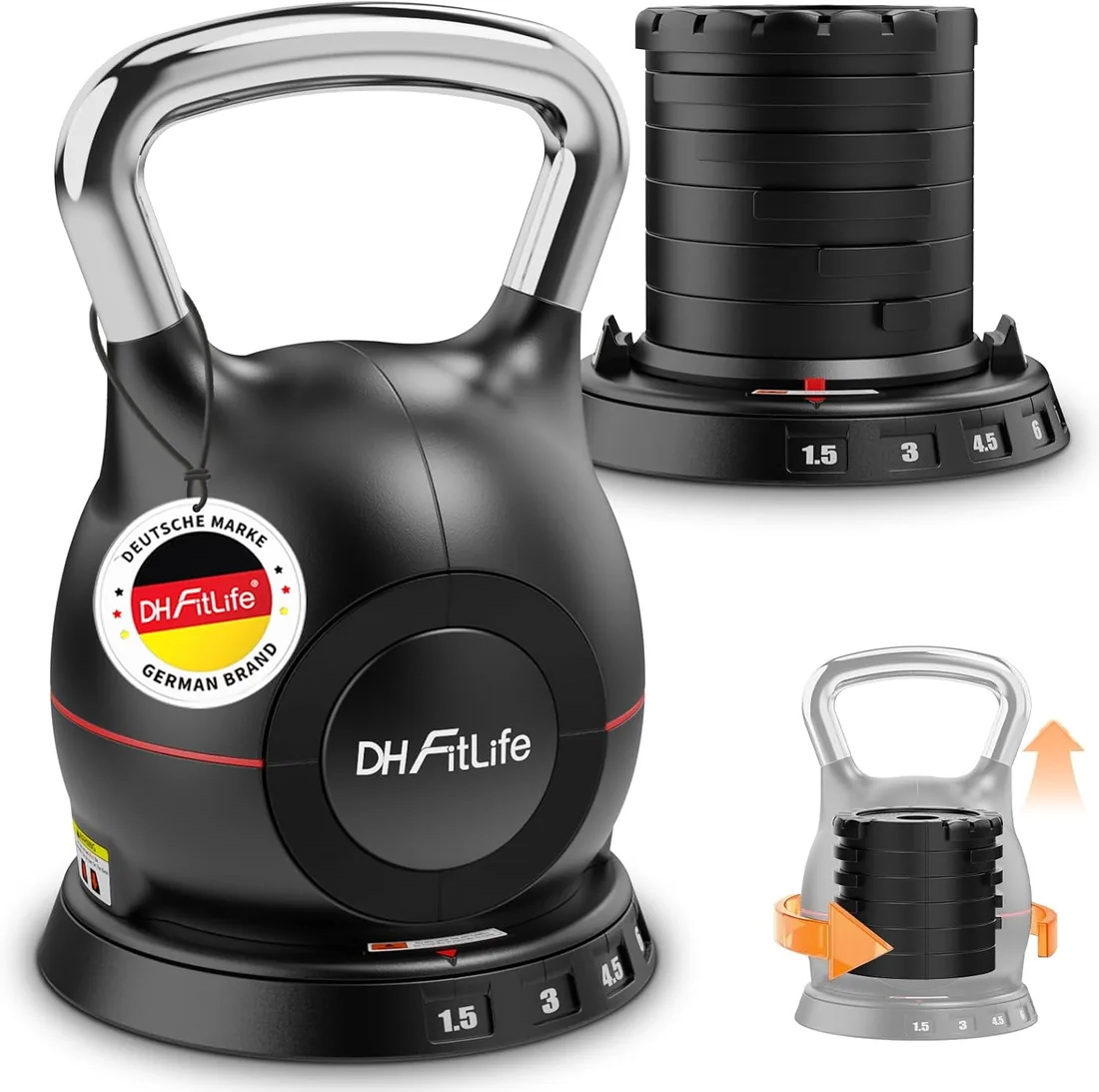 DH FitLife Pesa Rusa Ajustable 7 en 1, Kettlebell 1,5–10 kg | 7 niveles de peso｜Cambio rápido en 1 segundo｜Bloqueo seguro｜Mango ergonómico｜Diseño compacto