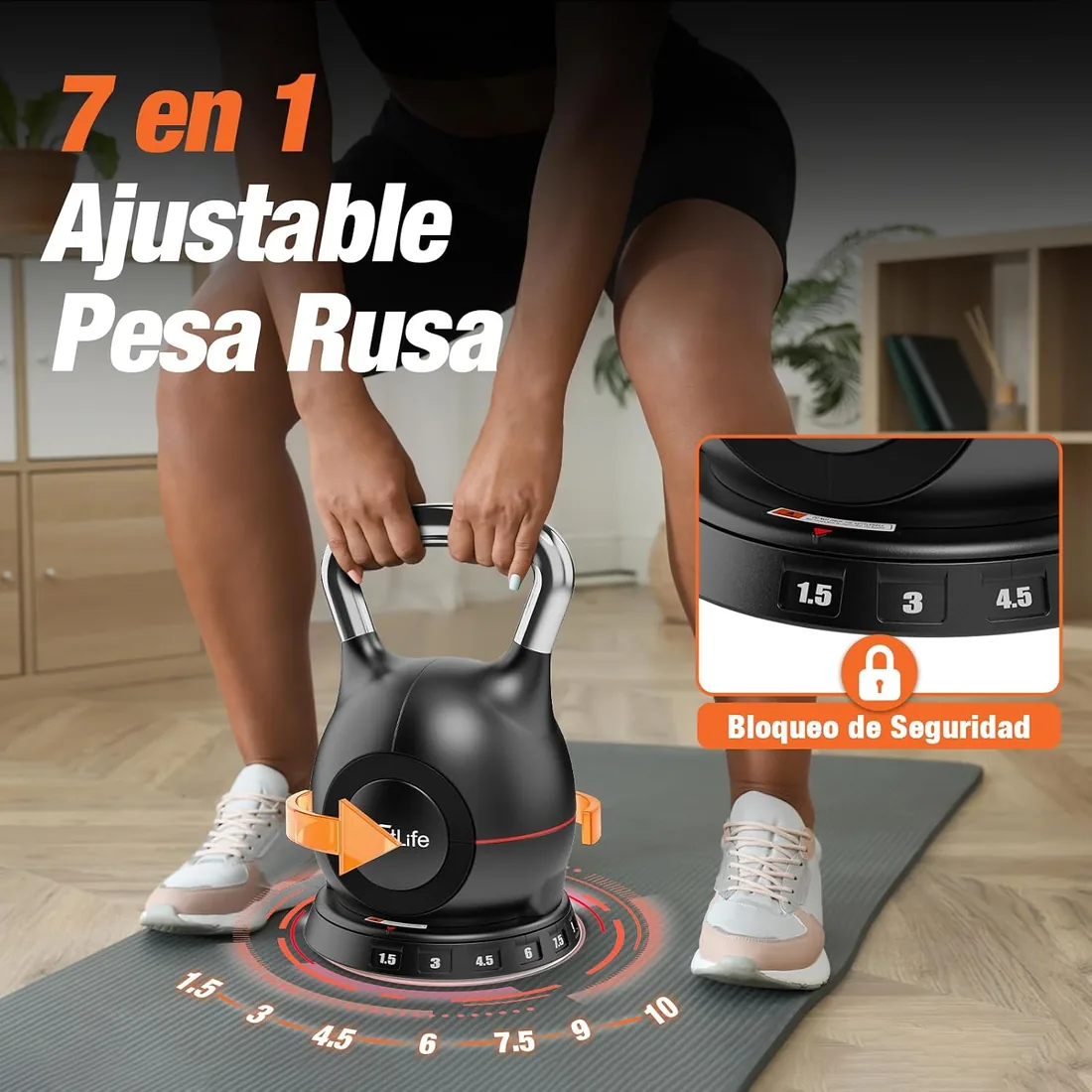 DH FitLife Pesa Rusa Ajustable 7 en 1, Kettlebell 1,5–10 kg | 7 niveles de peso|Cambio rápido en 1 segundo|Bloqueo seguro|Mango ergonómico|Diseño compacto foto 2