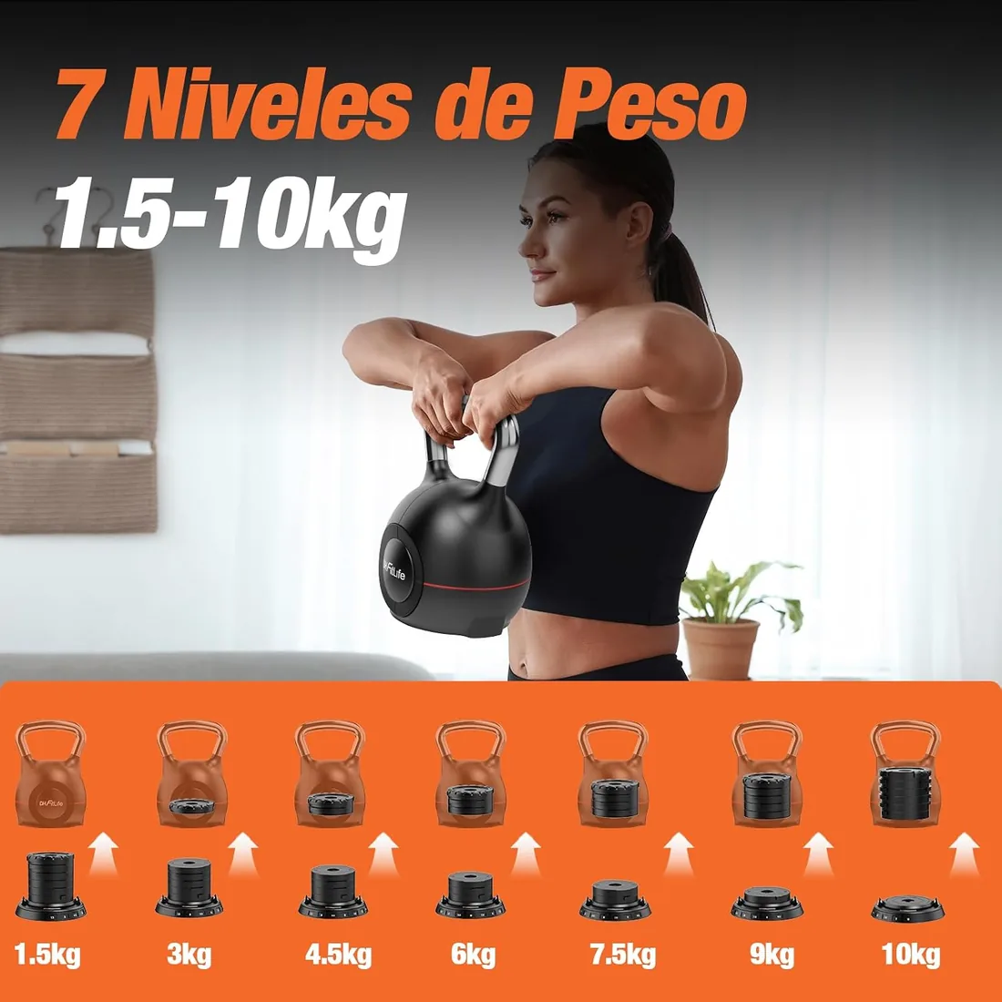 DH FitLife Pesa Rusa Ajustable 7 en 1, Kettlebell 1,5–10 kg | 7 niveles de peso|Cambio rápido en 1 segundo|Bloqueo seguro|Mango ergonómico|Diseño compacto foto 3