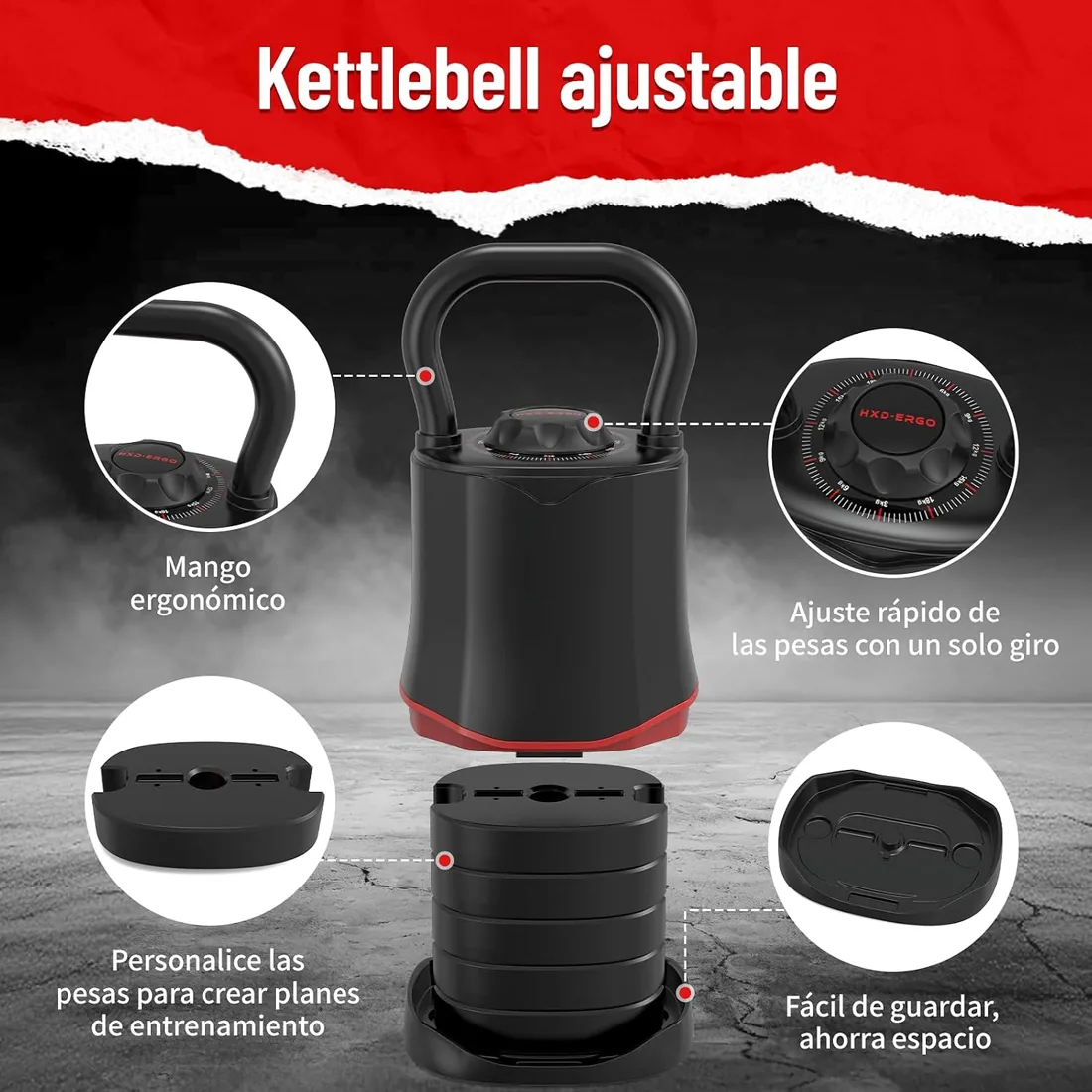 HXD-ERGO Kettlebell Ajustable 6-en-1 (3–18 kg), Cambio de Peso Rápido, Asa Ancha y Ergonómica, Pesa Rusa Compacta para Entrenamiento en Casa foto 2