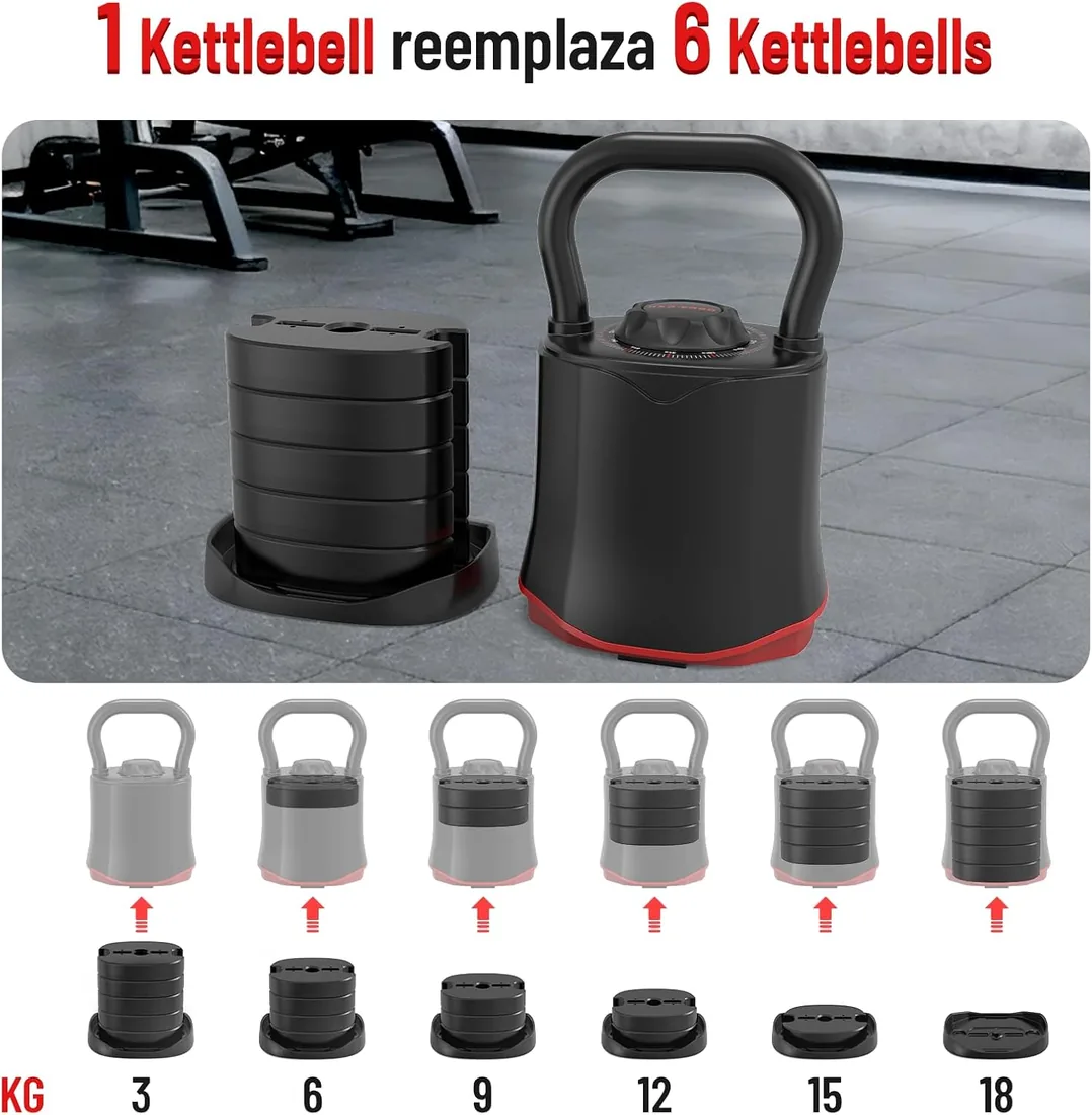 HXD-ERGO Kettlebell Ajustable 6-en-1 (3–18 kg), Cambio de Peso Rápido, Asa Ancha y Ergonómica, Pesa Rusa Compacta para Entrenamiento en Casa foto 3