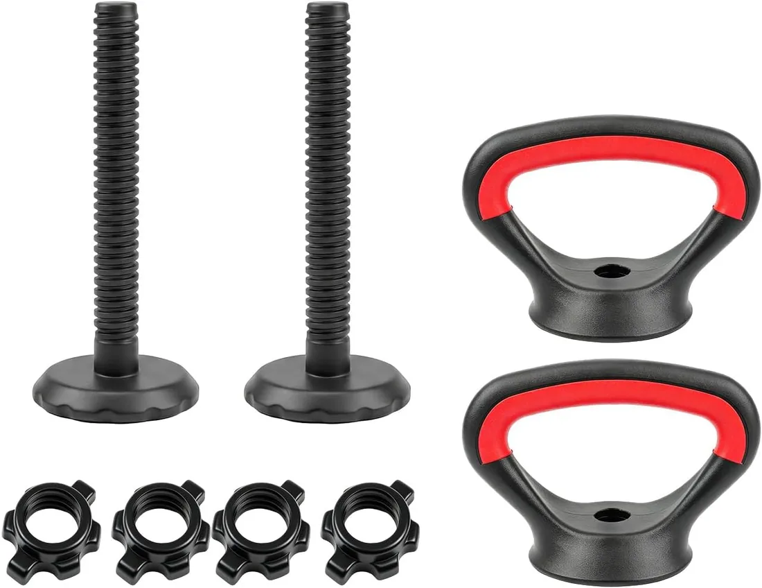 Mango Ajustable para Pesas Rusas – Asa de Kettlebell Portátil Compatible con Discos Estándar, Antideslizante y Ahorra Espacio – 2 Piezas Negro y Rojo