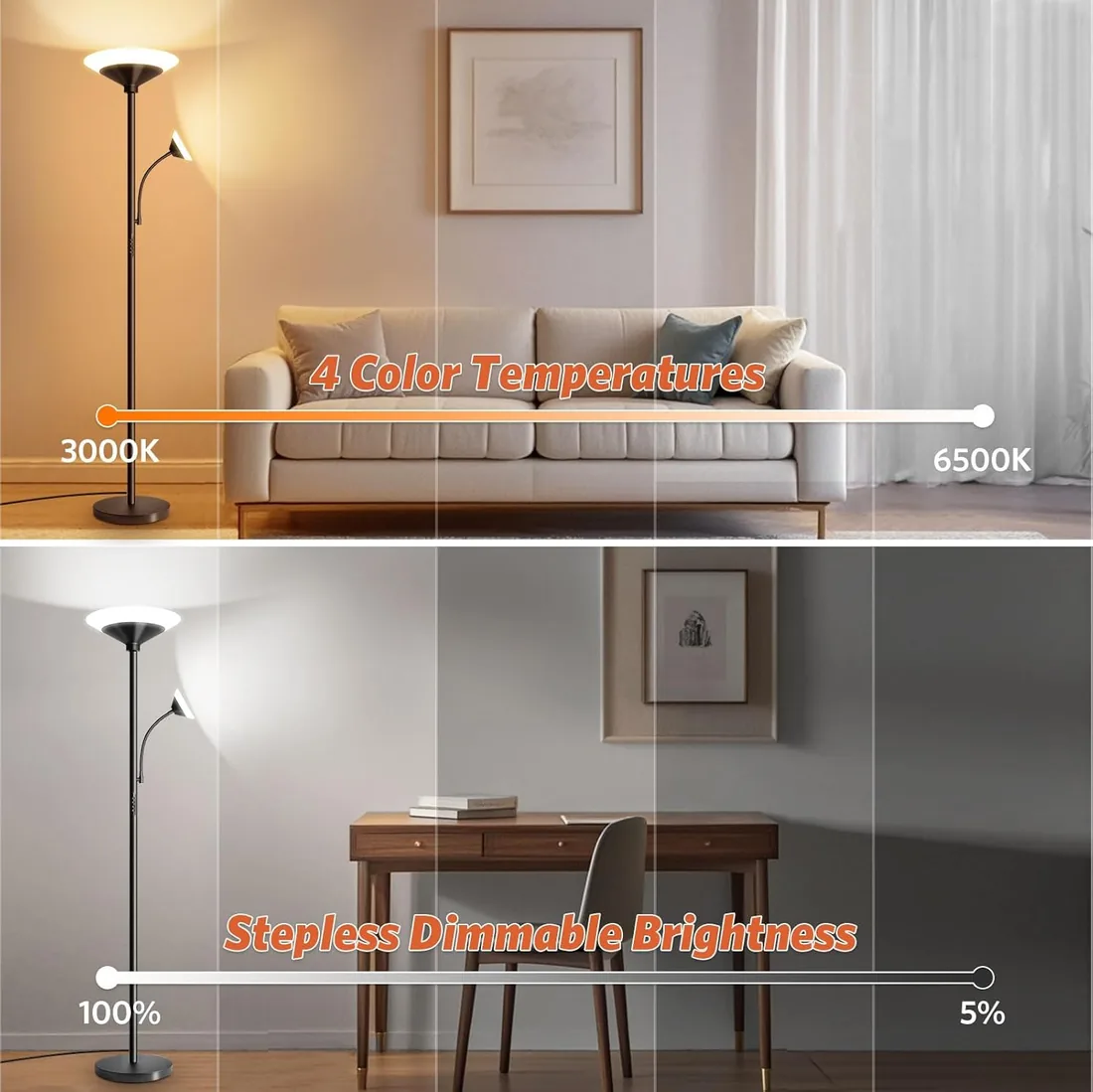 BBHome Lámpara de Pie Salón LED 27W Regulable con Lámpara de Lectura 6W, Lámpara de Pie Moderna con Mando a Distancia y Táctil para Salón, Dormitorio, Oficina foto 2