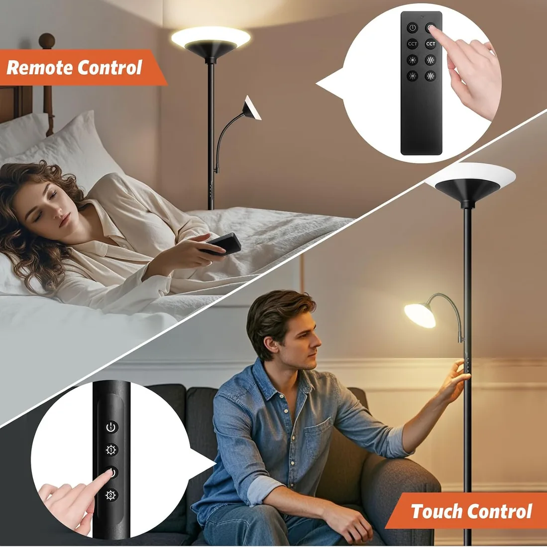 BBHome Lámpara de Pie Salón LED 27W Regulable con Lámpara de Lectura 6W, Lámpara de Pie Moderna con Mando a Distancia y Táctil para Salón, Dormitorio, Oficina foto 3
