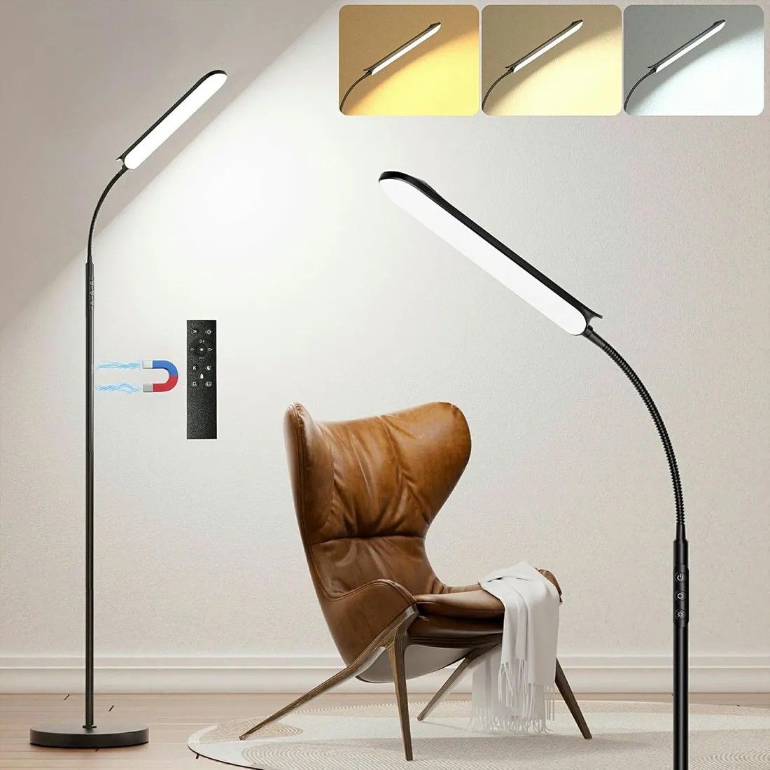 Lampara de Pie Regulable con Control Remoto y Botones Táctiles, 18W Súper Brillanbe LED Lampara de Lectura Ajuste Lineal de Temperatura de Color y Brillo, Para Sala de Estar Dormitorio Oficina foto 2