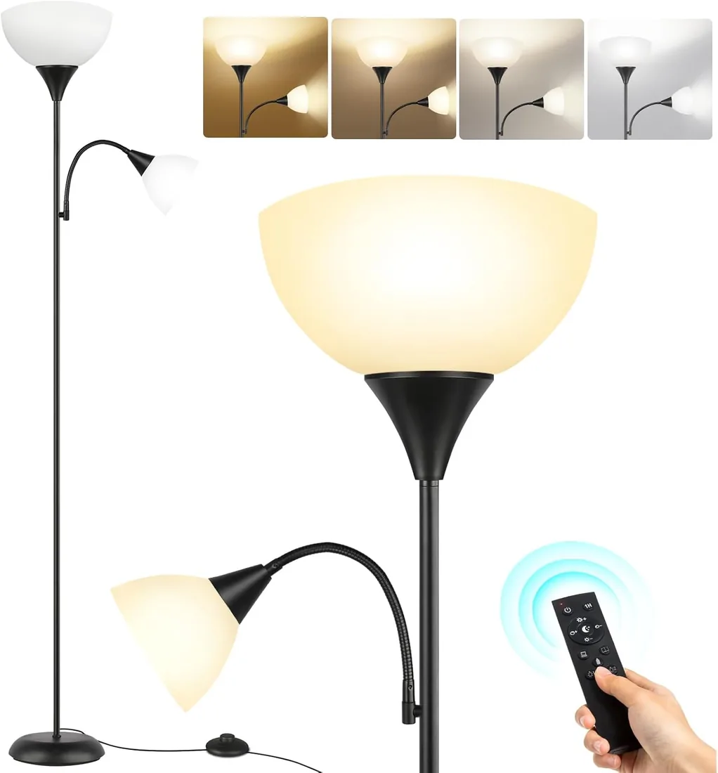 OUTON Lámpara de pie de salón, lámpara de LED regulable y lámpara de lectura, 3 temperaturas de color, con control remoto y dos bombillas de 9w, para salas de estar, oficinas y dormitorios, Negro