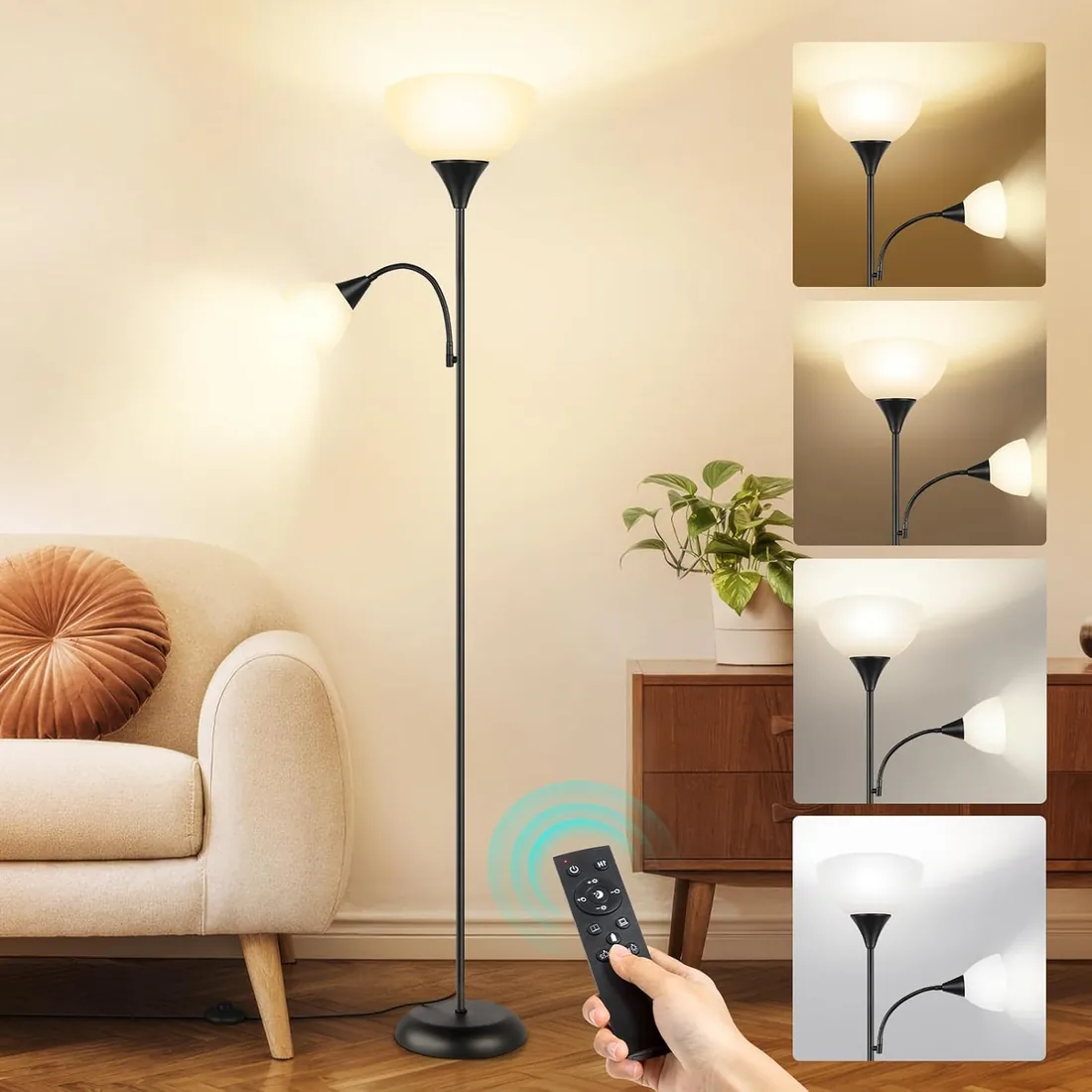 OUTON Lámpara de pie de salón, lámpara de LED regulable y lámpara de lectura, 3 temperaturas de color, con control remoto y dos bombillas de 9w, para salas de estar, oficinas y dormitorios, Negro foto 2