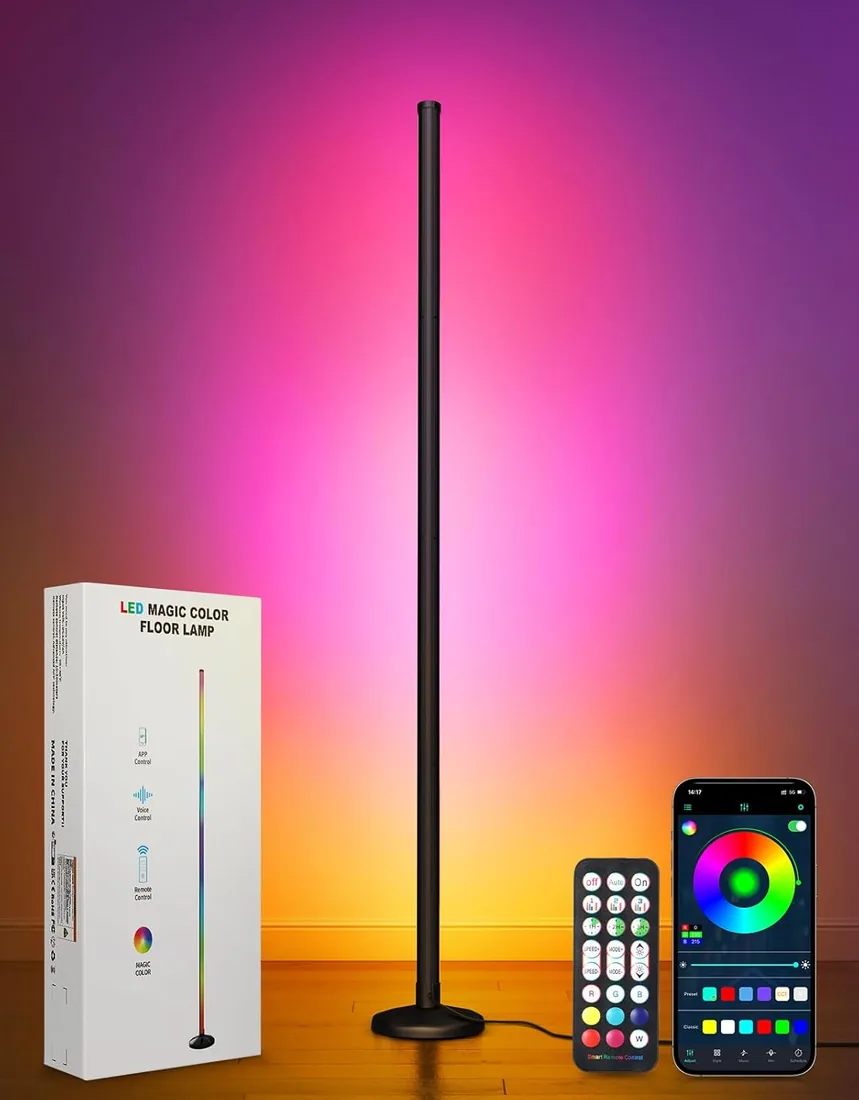 OUTON Lampara de Pie LED, RGBCW Regulable Lámpara de Pie con Control Remoto | APP, 16 Millones de Colores DIY, Sincronización Musical, Temporizador, Altura Ajustable para Sala, Dormitorio, Juegos