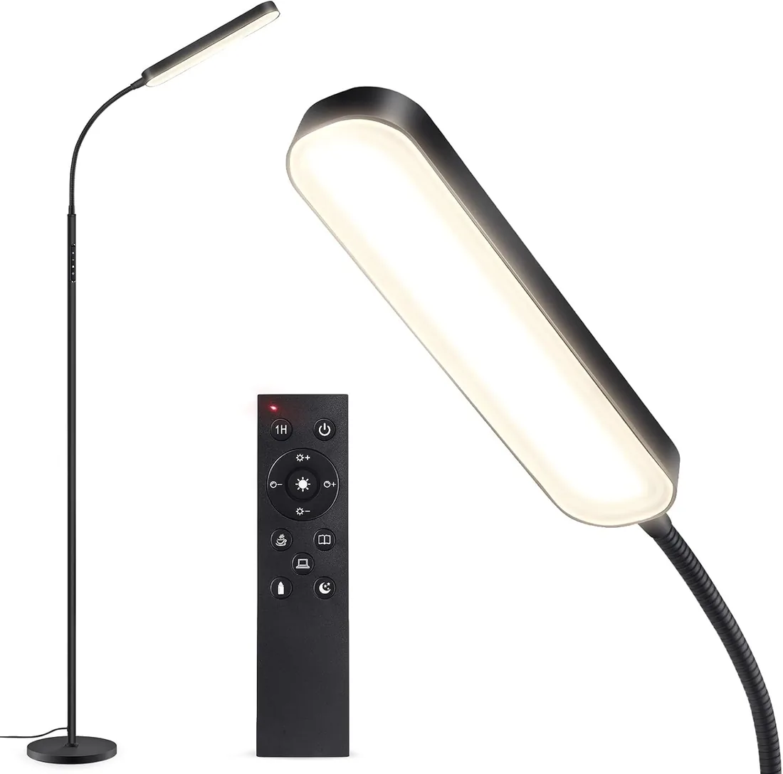 OUTON Lámpara de Pie para Salón LED Regulable con Control Remoto y Táctil | 15W 1500LM, Temporizador de 1 Hora, 4 Temperaturas de Color, Moderna Lámpara de Lectura Negra