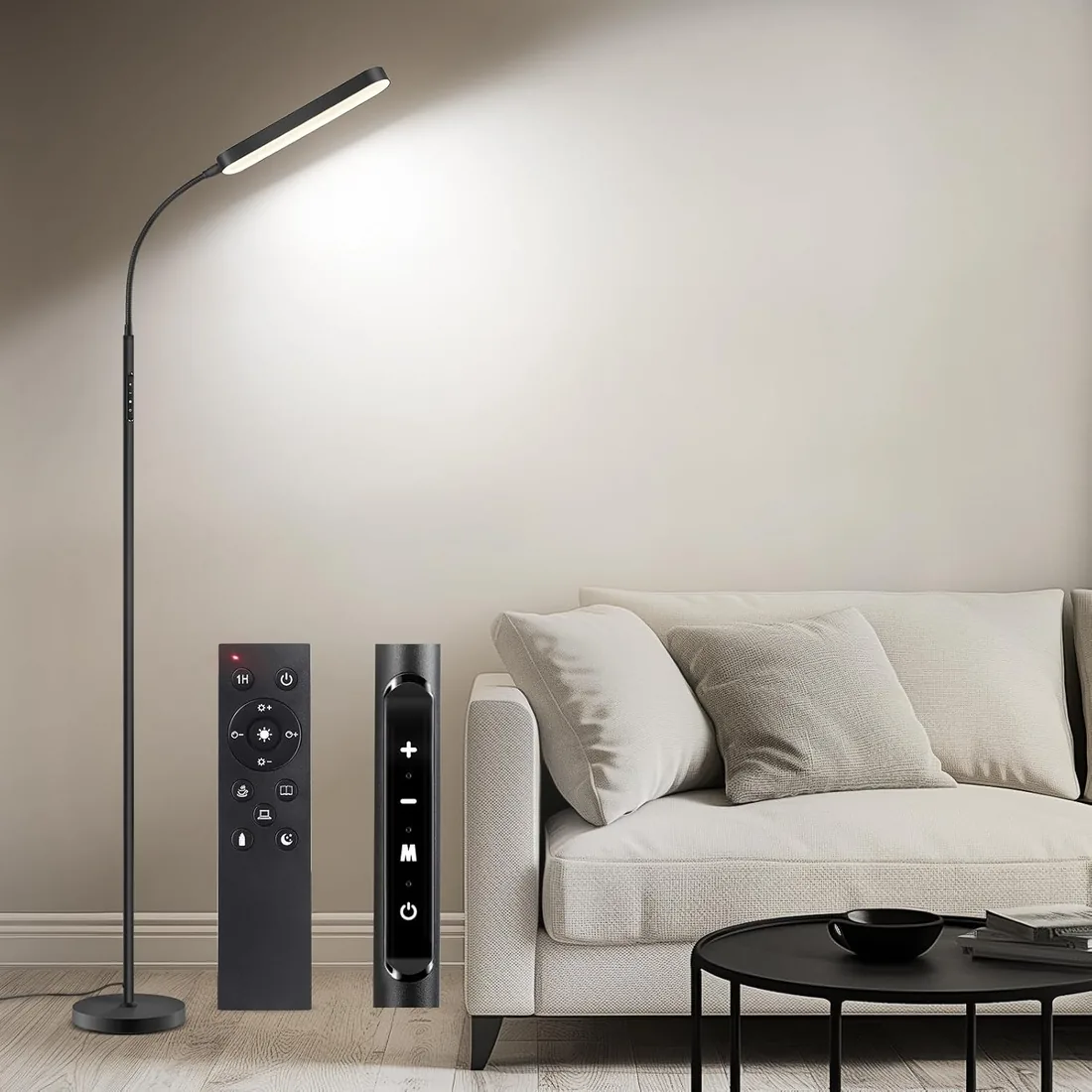 OUTON Lámpara de Pie para Salón LED Regulable con Control Remoto y Táctil | 15W 1500LM, Temporizador de 1 Hora, 4 Temperaturas de Color, Moderna Lámpara de Lectura Negra foto 2