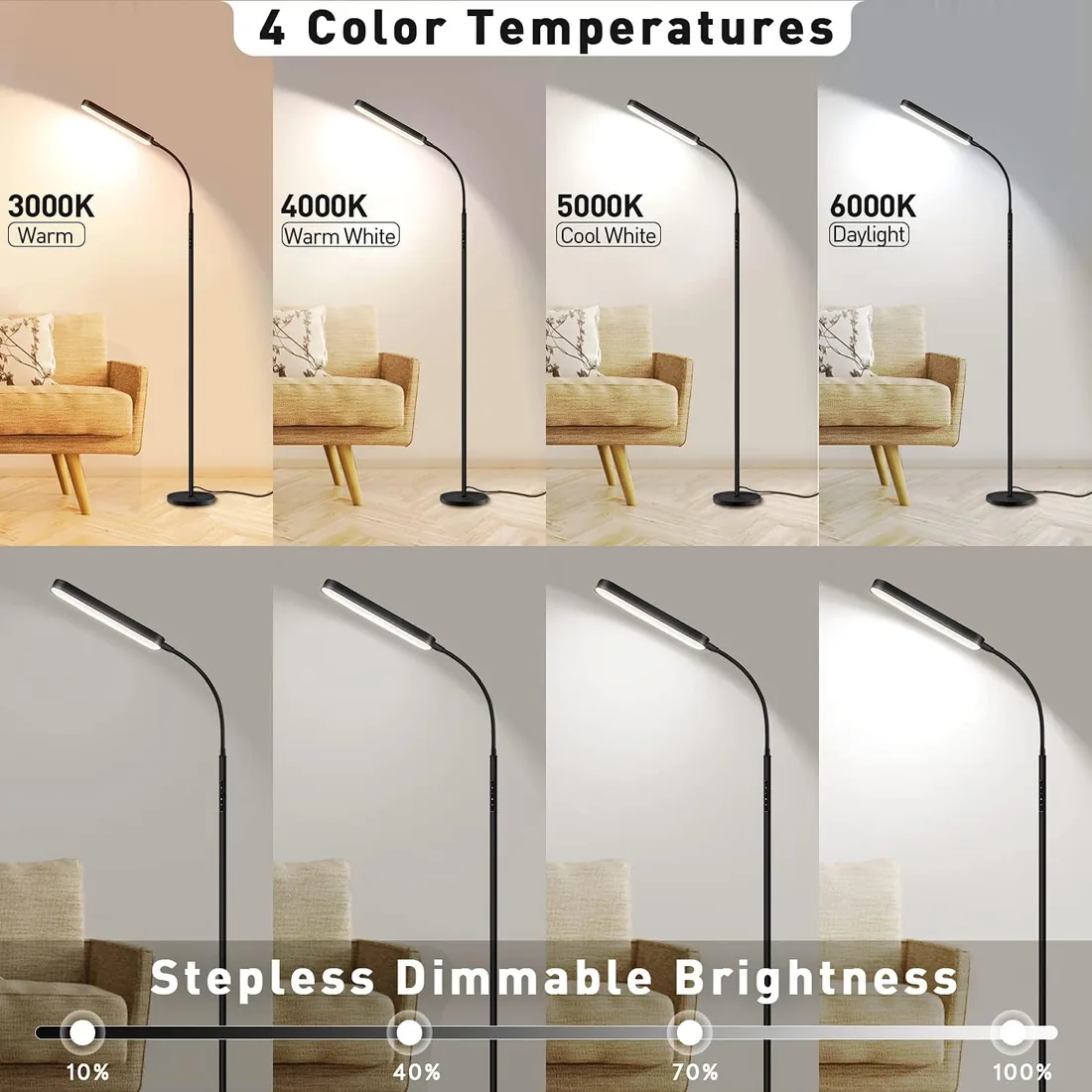 OUTON Lámpara de Pie para Salón LED Regulable con Control Remoto y Táctil | 15W 1500LM, Temporizador de 1 Hora, 4 Temperaturas de Color, Moderna Lámpara de Lectura Negra foto 3